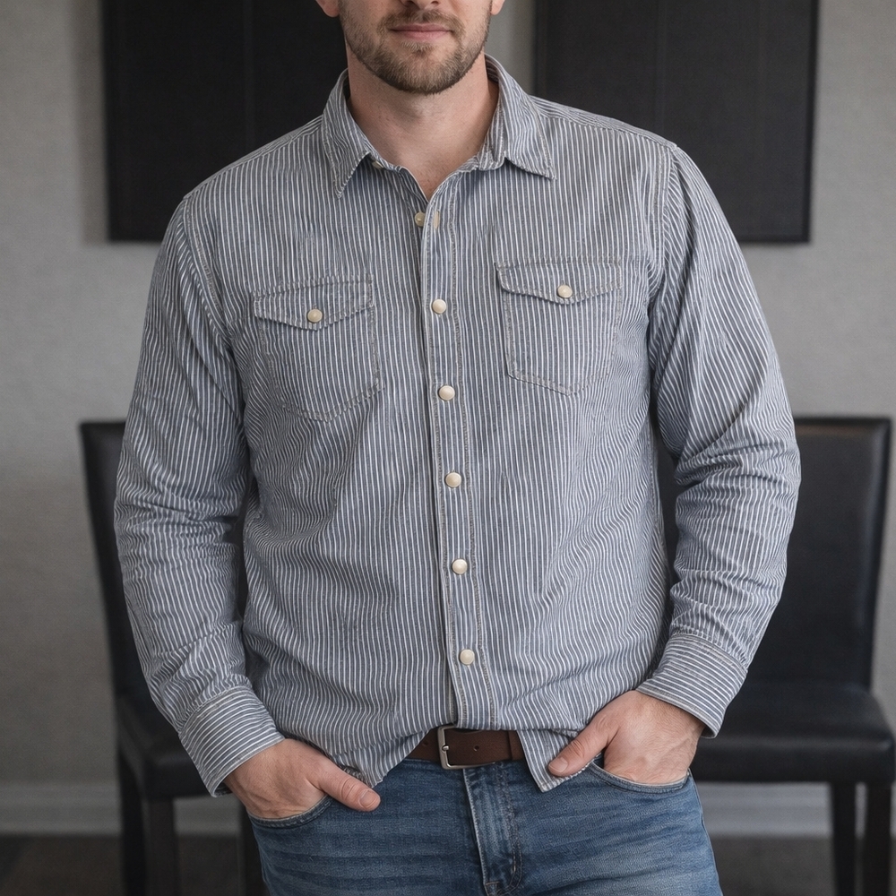 Camisa Vaquera Hombre XL Rayas Azul Botones Snap Western Stretch